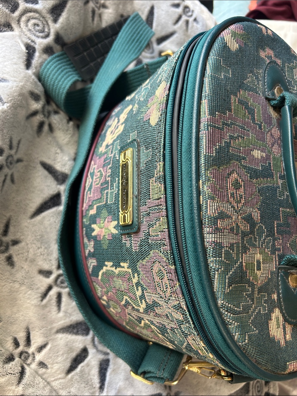 Vintage  Teal Floral  90.s travel Bag with Gold Accent